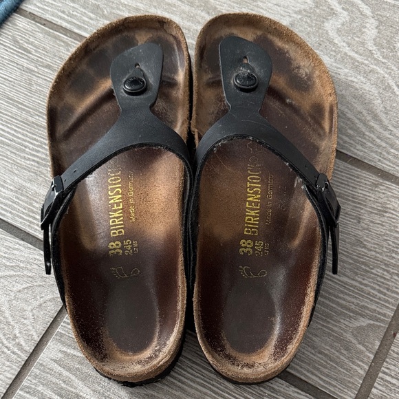 Birkenstock Gizeh Black Leather Thong Cork Buckle Sandals - Picture 3 of 7